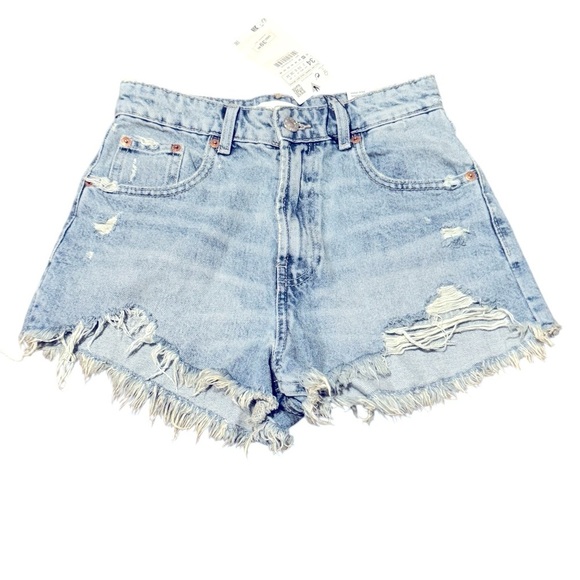 Zara Womens Blue Jean Denim High Rise Curved Shorts Size 2 Distressed Frayed Hem - Picture 5 of 9